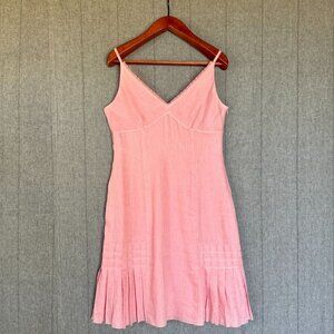 Vintage Y2K Ann Taylor Pink 100% Linen Pin Tuck Ruffle Hem Midi Dress Size 12